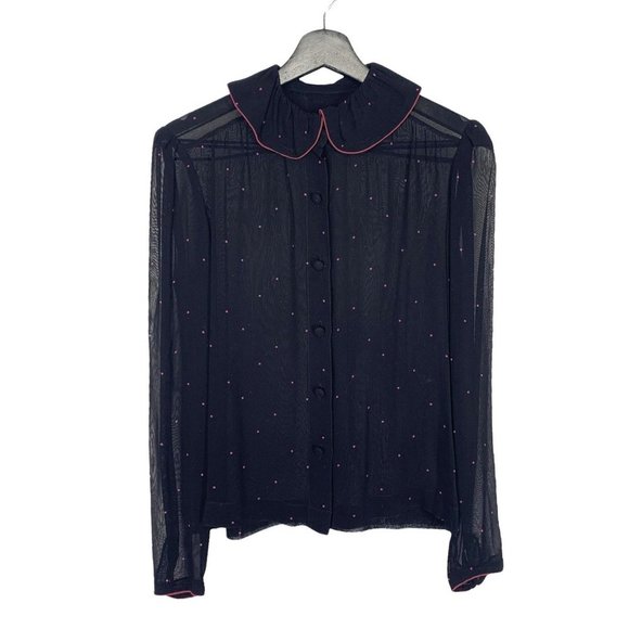 Vintage 90s Black Pink Sheer Micro Dot Long Sleeve Button Up Secretary Top Mediu - Picture 1 of 8